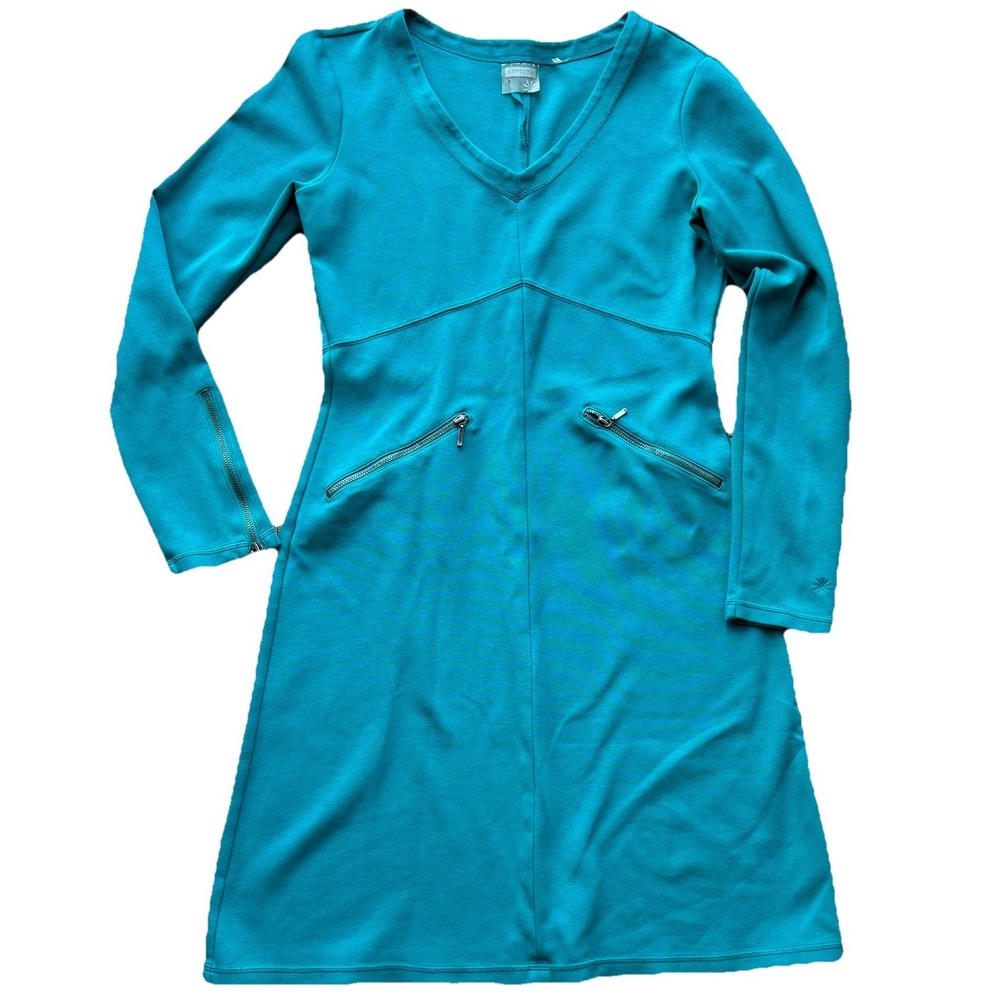 Athleta Ponte Celebration Green Knee Length Travel Dress Pockets Size S zippers